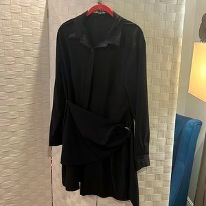 Black button down tunic with unique faux wrap in the front